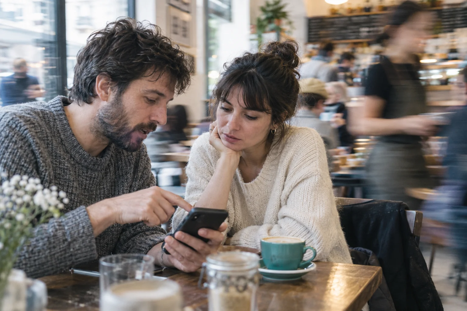 Two people talking through a phone question at a neighbourhood café